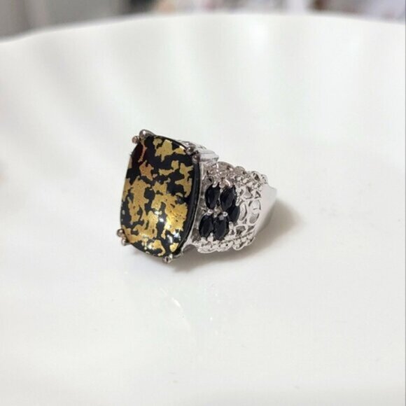 Vintage Sterling Silver 925 Black Goldenite Jade Cocktail Statement Ring - Picture 2 of 13